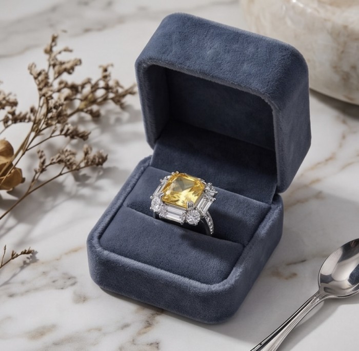 Art Deco - Luxurious asscher cut 15.7 carat Yellow Sapphire 18K Gold over .925 Sterling Silver handcrafted Ring s. 7 1/2 - Yellow sapphire ring in a blue velvet box, top view on marble surface.
