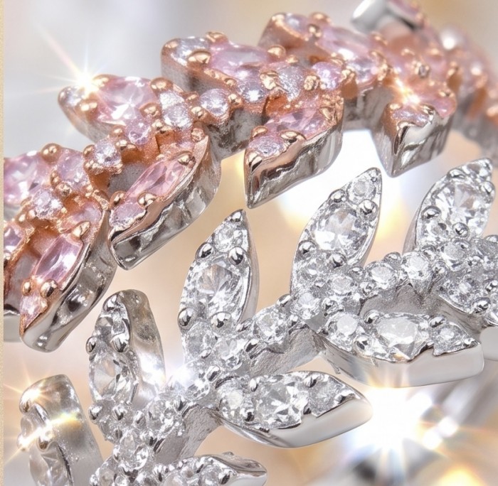 Born to Glam authentic 4.2 carat White Pink Topaz rhodium over .925 Silver handcrafted Ring s. 7 3/4 - Close-up of pink and white topaz rings with intricate detailing.