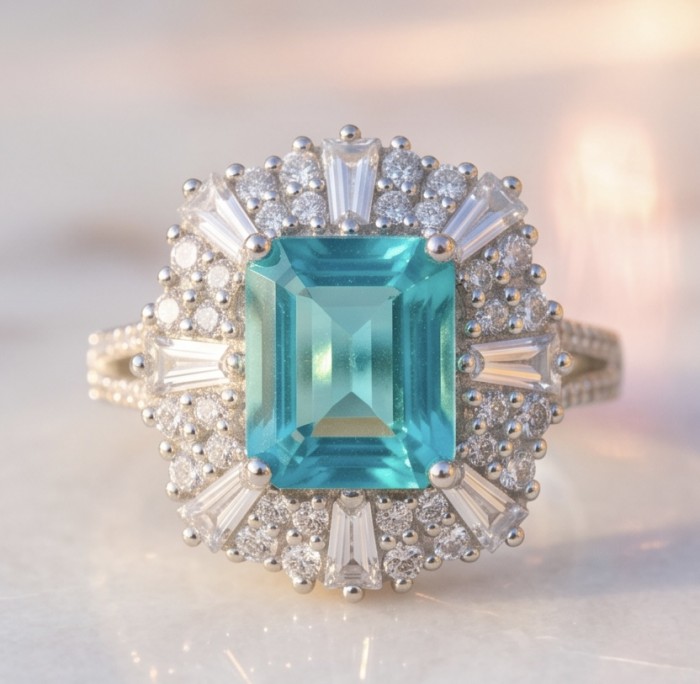 Wonderland 9.5 carat Brazilian Paraiba Tourmaline .925 Sterling Silver Handcrafted Ring size 7 - Close-up of Paraiba tourmaline ring with diamond accents