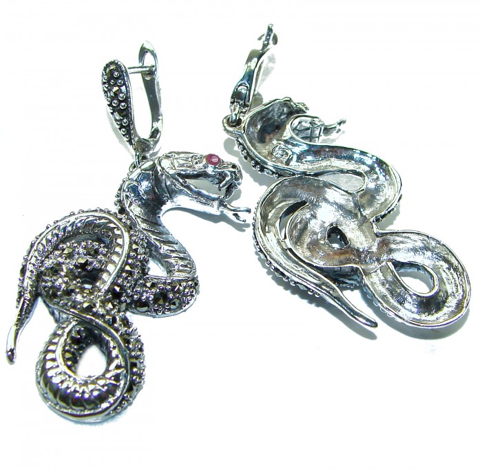 Snakes Ruby Marcasite .925 Sterling Silver handcrafted Earrings - photo 1
