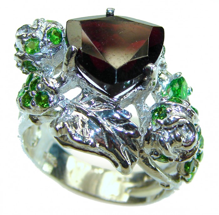 Floral Design Authentic Garnet .925 Sterling Silver handcrafted Ring size 9 1/2 - photo 3