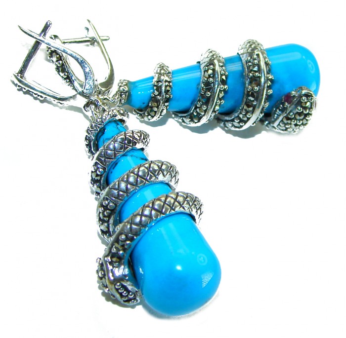 Boa Snakes Turquoise Marcasite .925 Sterling Silver handcrafted Earrings - photo 1