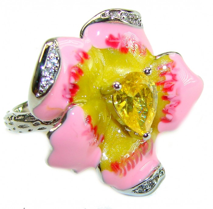 Art Deco Pink Flower Enamel 2.5 carat Citrine .925 Sterling Silver handmade Ring size 6 - Close-up of Art Deco pink flower ring with citrine and diamond details.