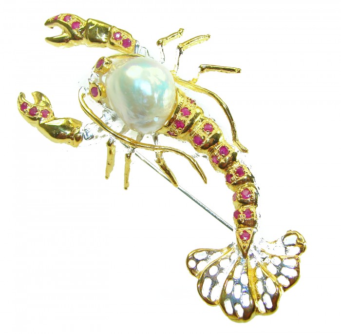 Precious Crayfish Natural Mother of Pearl Ruby 18K Gold over .925 Sterling Silver handmade Pendant Brooch - Crayfish brooch with pearl and rubies, top view.