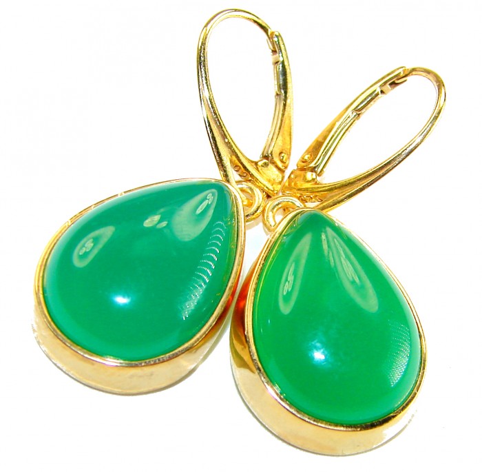 Unique genuine Jade 18K Gold over over .925 Sterling Silver handcrafted earrings - Close-up of jade teardrop earrings in 18K gold and sterling silver.