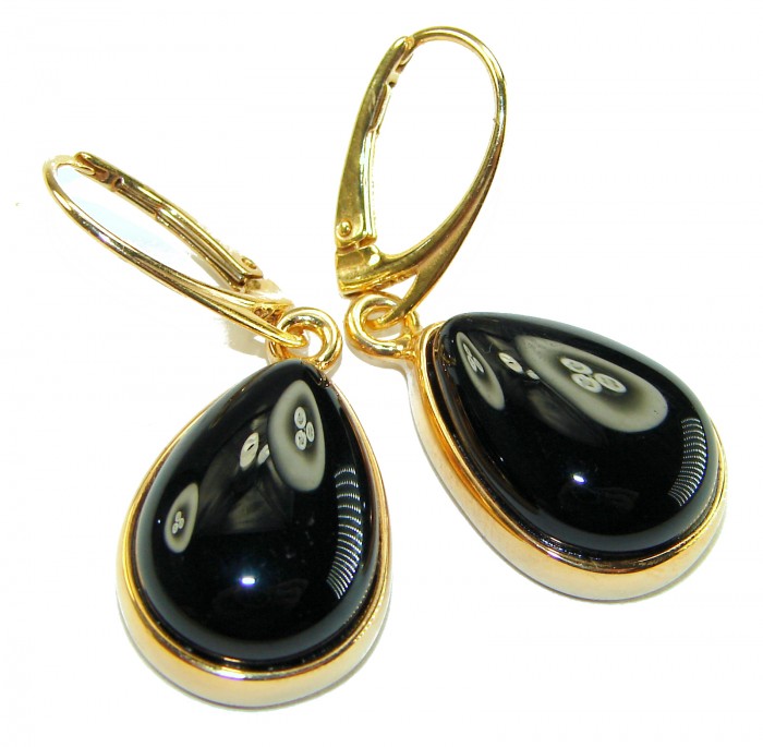 Outstanding authentic Onyx 14K Gold over .925 Sterling Silver Earrings - Close-up of onyx and gold earrings with leverback hooks.