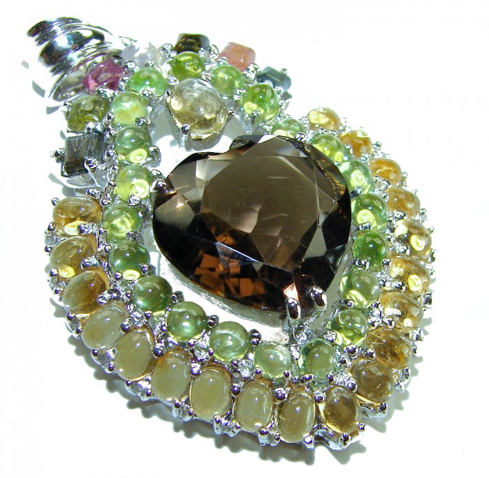 PRECIOUS HEART 25.5 carat SMOKY TOPAZ - Prasolite .925 Sterling Silver handcrafted pendant - Heart-shaped smoky topaz pendant with colorful gemstones, top angle view