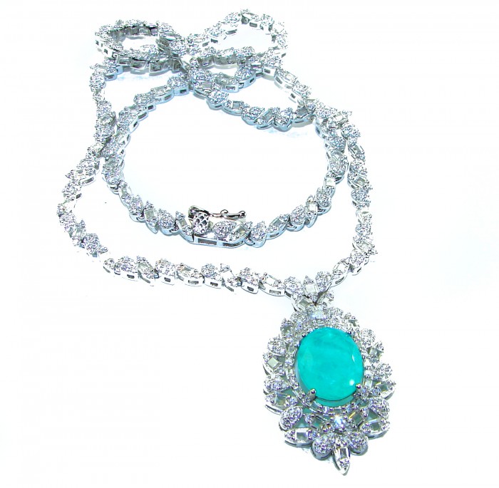 Giovanna 10.2 carat authentic Emerald rhodium over .925 Sterling Silver handcrafted Statement necklace - Emerald necklace with diamond accents, front view highlighting stones