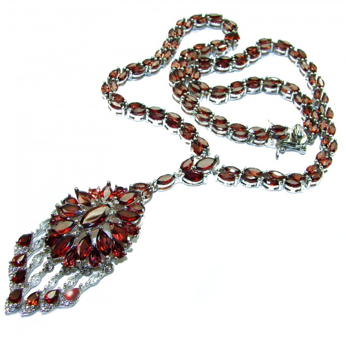 Red Royalty Authentic 185.5 carat authentic Tanzania Garnet .925 Sterling Silver brilliantly handcrafted necklace - Red garnet necklace, top angle, showcasing stones and pendant detail