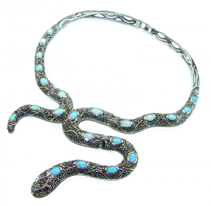 Large Snake genuine 57.8 carat Australian Blue Opal Marcasite .925 Sterling Silver handcrafted necklace - Snake necklace with blue opals, full view on white background