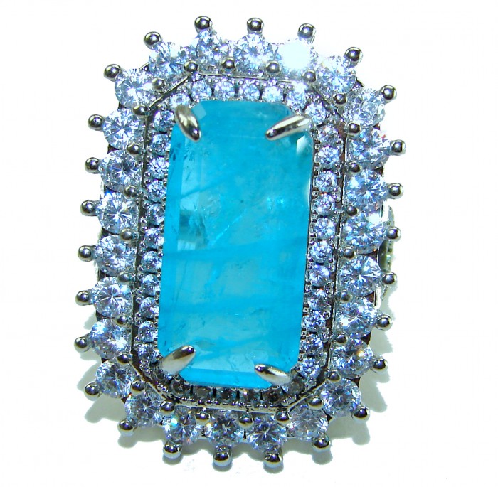 Luxurious baquette Cut 26.5 ctw Paraiba Tourmaline .925 Sterling Silver handcrafted Statement Ring size 6 1/4 - Close-up of Paraiba Tourmaline ring with diamond halo, front view.