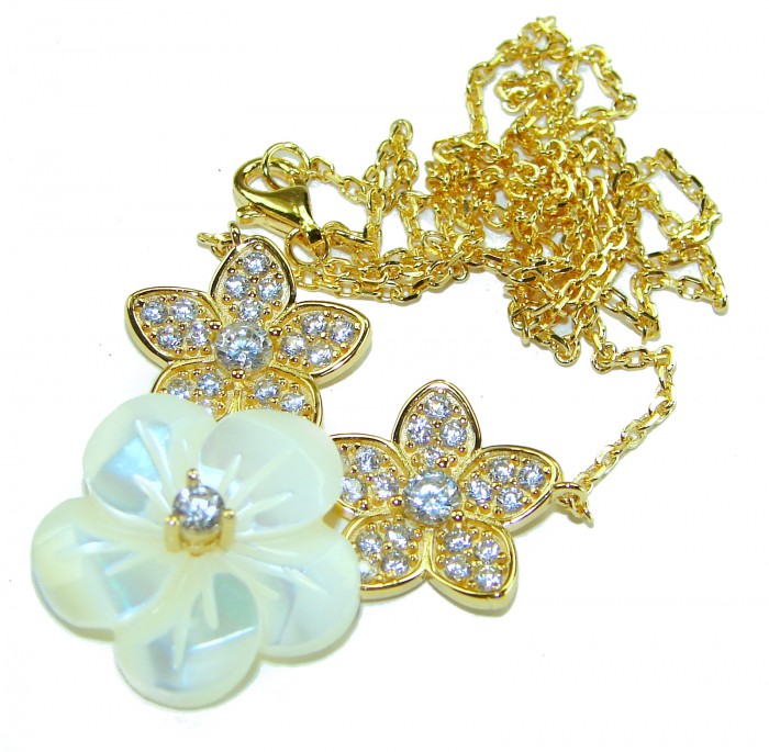 Precious natural creamy Blister Pearl 2.2 carat Whiet Sapphire 14K Gold over .925 Sterling Silver Necklace - Gold necklace with pearl and sapphires, floral design, front view.