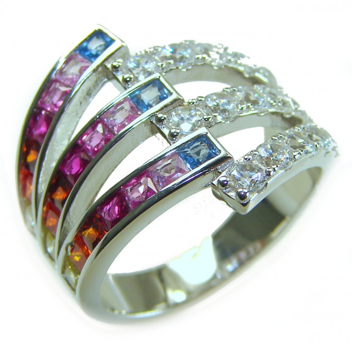 My own Rainbow - authentic 8.7 carat multigem .925 Sterling Silver Eternity Ring size 6 1/4 - Side view of multigem sterling silver ring with rainbow stones.