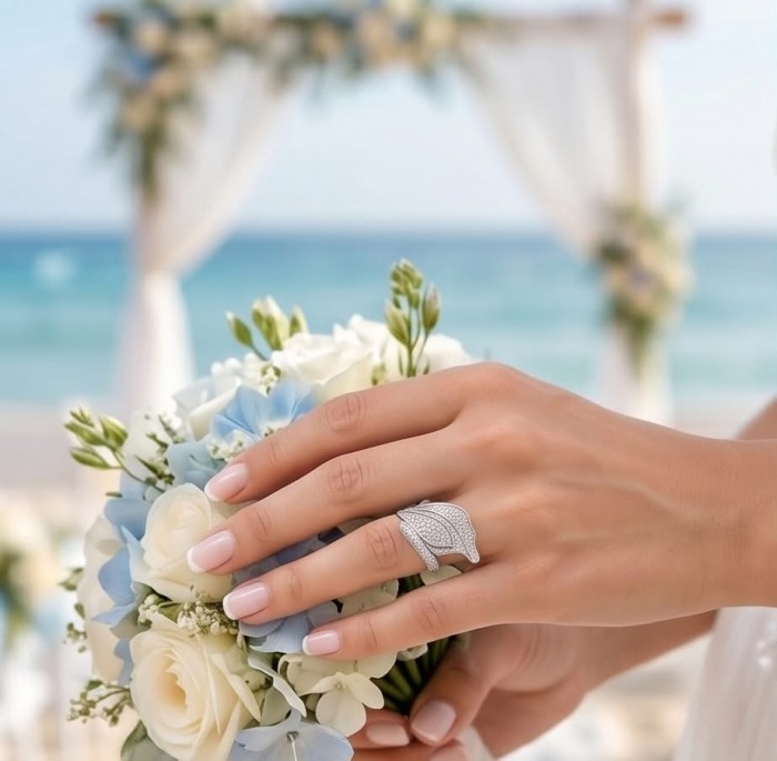 Luxurious Silver Leaf 3.8 carat White Topaz .925 Sterling Silver Solid ring size 8 - Luxurious silver leaf ring with white topaz worn on hand holding flowers.