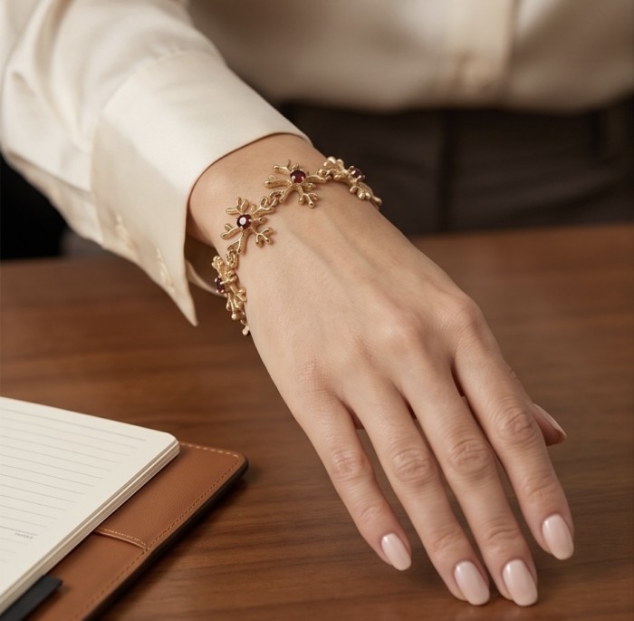 Authentic 5.2 carat Garnet .925 Sterling Silver dipped in real 14K rose gold handmade Bracelet - Bracelet worn on wrist, ornate design with garnet accents.