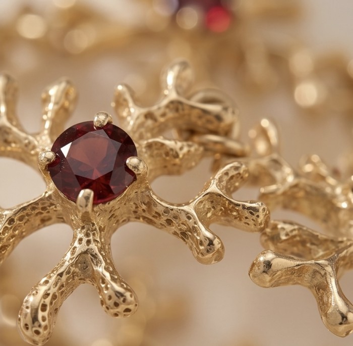 Authentic 5.2 carat Garnet .925 Sterling Silver dipped in real 14K rose gold handmade Bracelet - Stone close-up of gold jewelry with red garnet centerpiece.