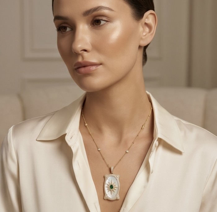 Precious Blister Pearl 2.4 carat Emerald 18K Gold over .925 Sterling Silver .925 Sterling Silver Necklace; 24 inches long - Woman wearing Precious Blister Pearl Emerald necklace, close-up view.