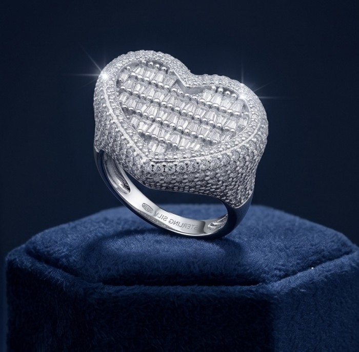 Art Deco Precious Heart - 10.5 carat White Sapphire .925 Sterling Silver Handcrafted Statement Ring size 8 - Heart-shaped ring on display, close-up, showcasing white sapphires.
