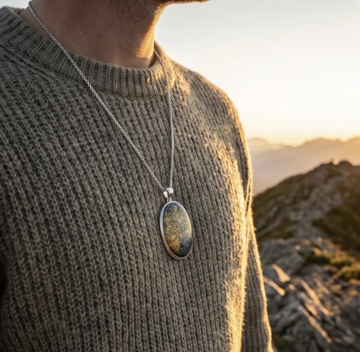 Rare - Great quality Maligano Jasper .925 Sterling Silver handmade Pendant - Maligano Jasper pendant in sunlight, worn on a sweater.