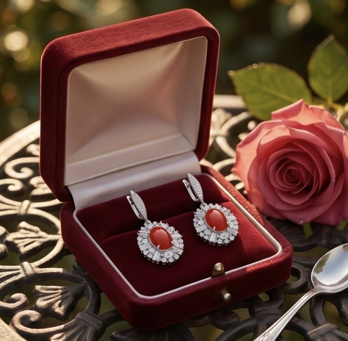 Elizabeth Natural Fossilized Coral 11.8 carat Moissanite .925 Sterling Silver handcrafted earrings - Elegant earrings in velvet box, natural light with rose accent.