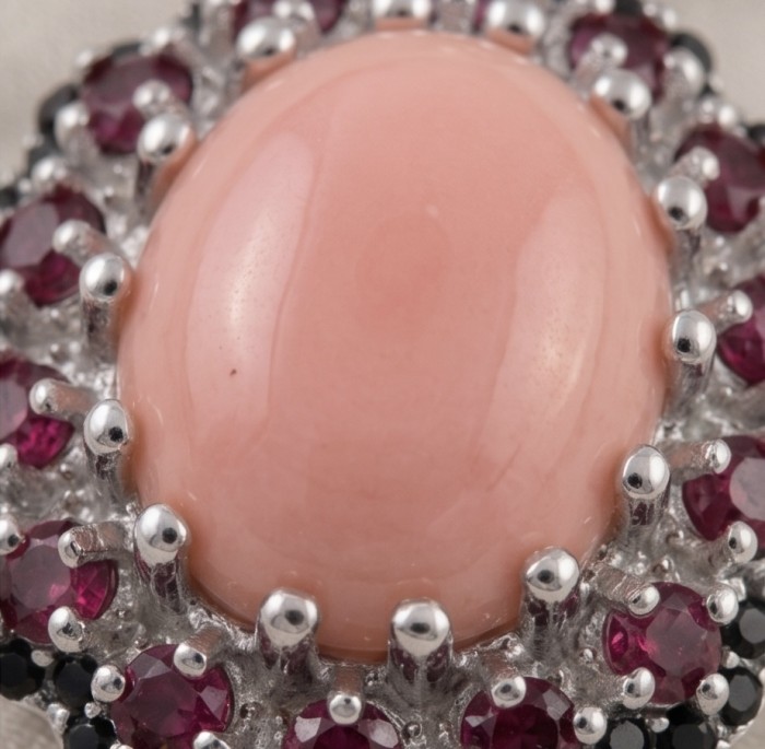 Spectacular 5.2 carat Australian Pink Opal .925 Sterling Silver handmade Pendant - Opal ring stone close-up with pink opal and red gemstone accents