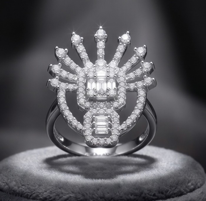 Tropicana natural 2.5 carat Topaz .925 Sterling Silver handmade Ring size 8 1/4 - Ornate sterling silver ring with topaz, front view on display.