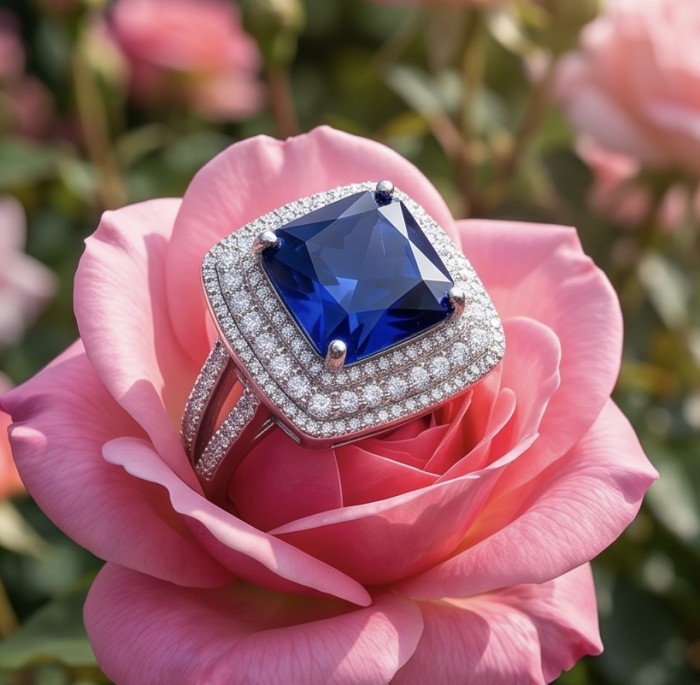 Julietta asscher cut 27.5 carat Sapphire .925 Sterling Silver handmade Statement ring size 7 1/4 - Sapphire ring on pink rose, top view, featuring asscher cut stone.