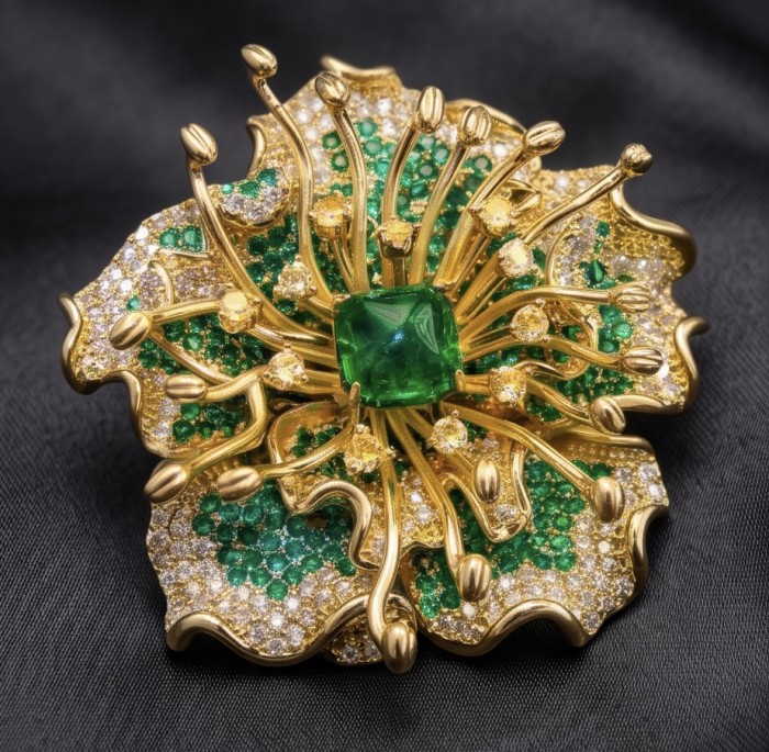 Nature-inspired piece - Amazonia - Green Rose - Genuine 42.5 carat Emerald 14K Gold over .925 Sterling Silver handmade Pendant - Brooch - Intricate flower-shaped brooch with emerald center and gold details