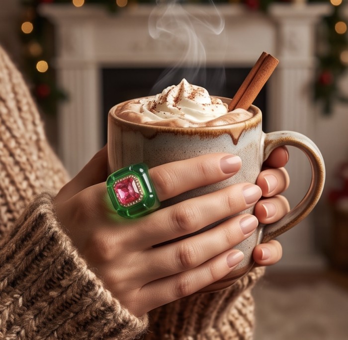 Candy Store - Modern Design Natural Green Raisin Pink Topaz .925 Sterling Silver ring size 8 1/2 - Hand wearing green resin ring with pink topaz holding a mug