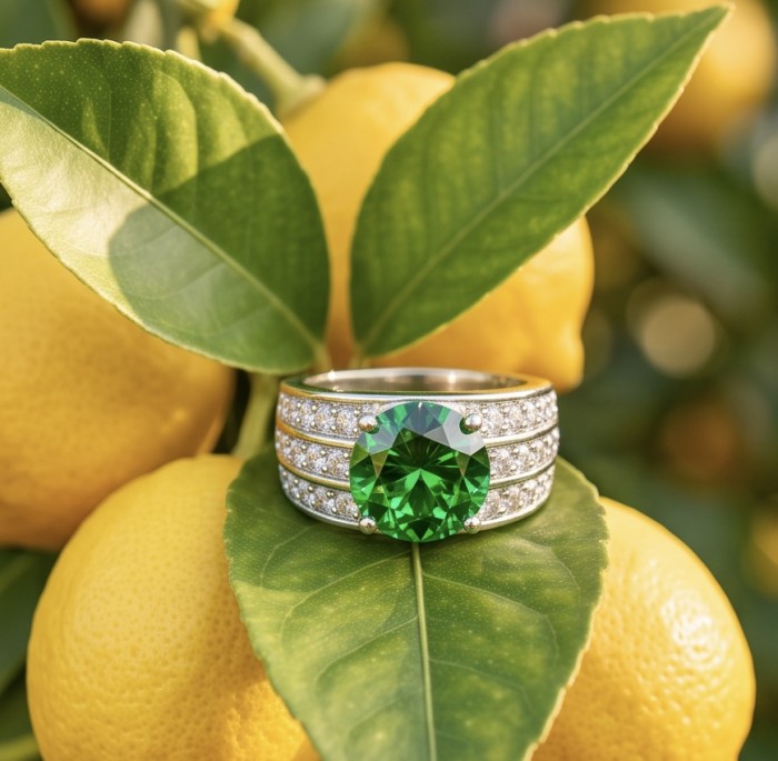 Natural 7.4 carat Tsavorite Garnet .925 Sterling Silver handmade Statement Ring size 7 1/4 - Tsavorite Garnet ring close-up on lemon tree background