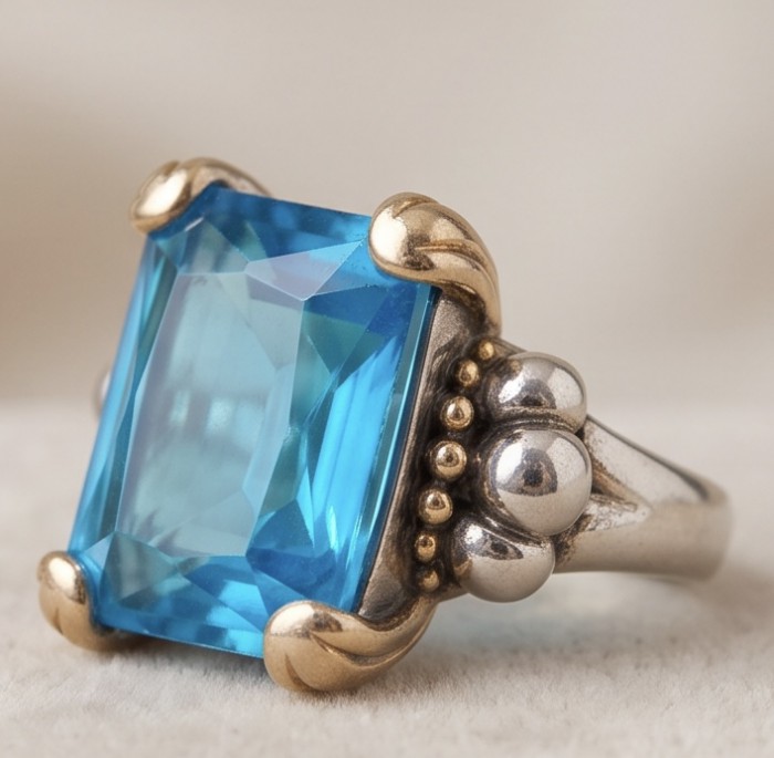 Blue Treasure genuine 10.5 carat London Blue Topaz Silver handmade Statement Ring size 8 - photo 2
