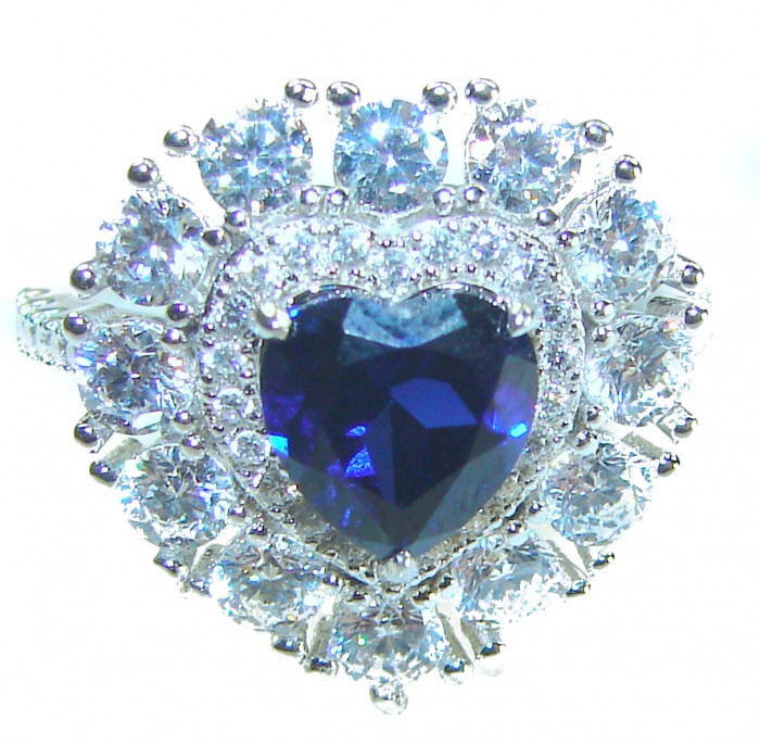 Ocean's Heart 1.8 carat Authentic Sapphire .925 Sterling Silver Handcrafted Ring size 6 1/4 - Close-up of Ocean's Heart 1.8 carat Sapphire ring in .925 Sterling Silver