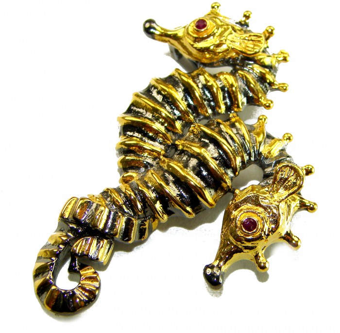 Two Seahorses Excellent 0.5 carat Ruby 14K Gold over .925 Sterling Silver handcrafted Pendant Brooch - Seahorse brooch with rubies, gold over silver, top view.