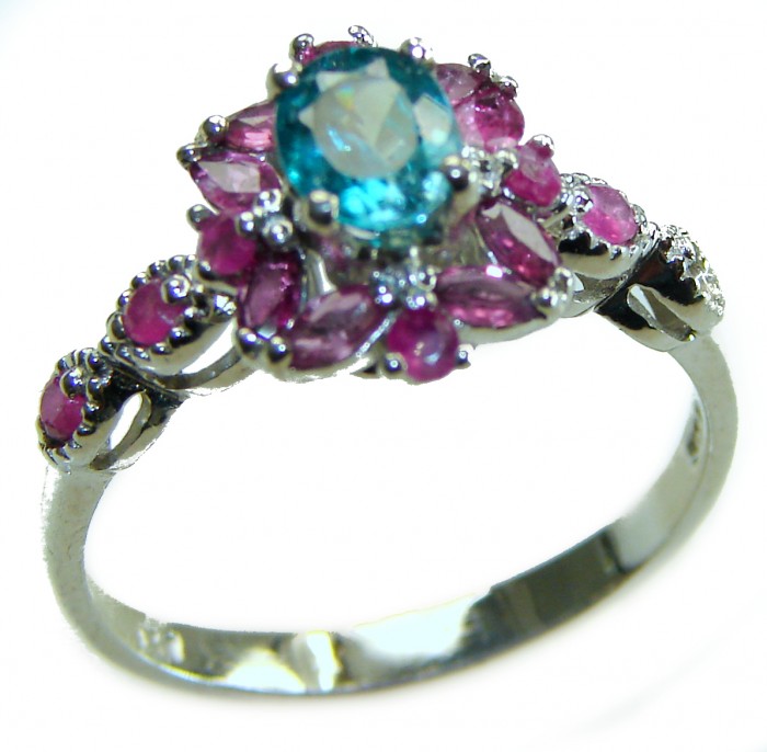 Pure Perfection 2.1 carat GENUINE Apatite Ruby .925 Silver handcrafted Ring s. 9 3/4 - Ring with apatite and ruby stones, side view showing detail