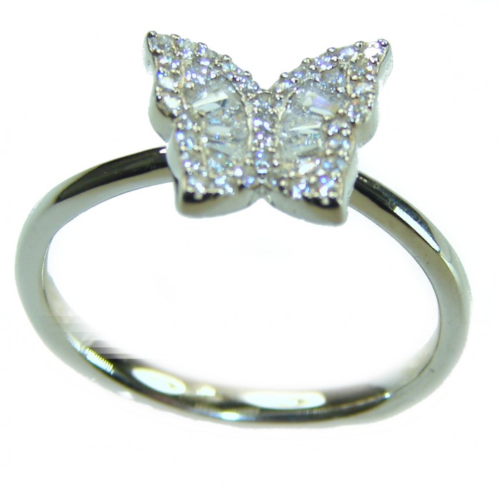Butterfly natural 4.5 carat White Topaz .925 Sterling Silver handmade Statement Ring size 8 - Butterfly ring in sterling silver, top view, featuring white topaz stones.