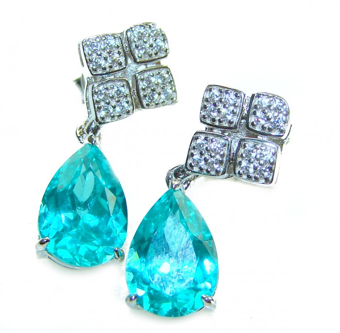Pedra Azul authentic 4.5 carat Aquamarine .925 Sterling Silver handcrafted Statement earrings - Close-up of Pedra Azul aquamarine earrings in sterling silver setting.