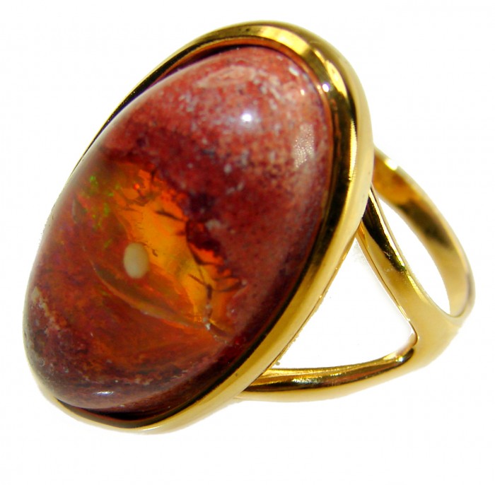 Queen of Fire best quality 22.4 carat Mexican Opal 18K Rose Gold over .925 Sterling Silver handmade ring 8 adjustable - Close-up of 22.4 carat Mexican Fire Opal ring in 18K rose gold setting.