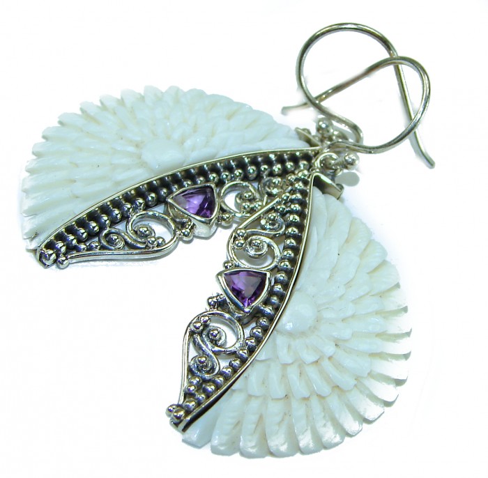 Moonface natural carved Bone .925 Sterling Silver earrings - Carved bone and amethyst earring, side view detailing design elements.