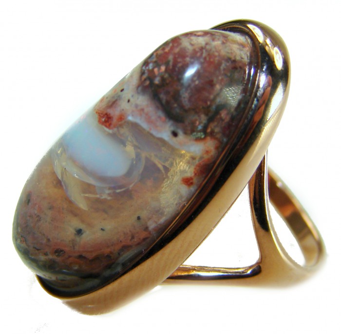 Inner Fire the best quality 24.4 carat Mexican Opal 18K ROSE GOLD OVER .925 Sterling Silver handmade ring 6 1/4 - Close-up of 24.4 carat Mexican opal ring in 18K rose gold setting.