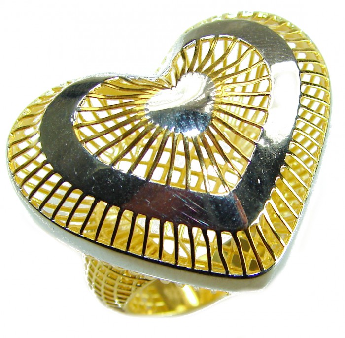Dubai Style - Golden Heart .925 Sterling Silver dipped in 22K Gold handmade Large ring size 7 - Heart-shaped ring, top view, gold and silver detailing