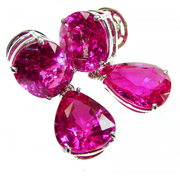 Tiffany - authentic 44.8 carat Pink Sapphire .925 Sterling Silver handcrafted Statement Earrings - Close-up of Tiffany pink sapphire earrings with sterling silver setting