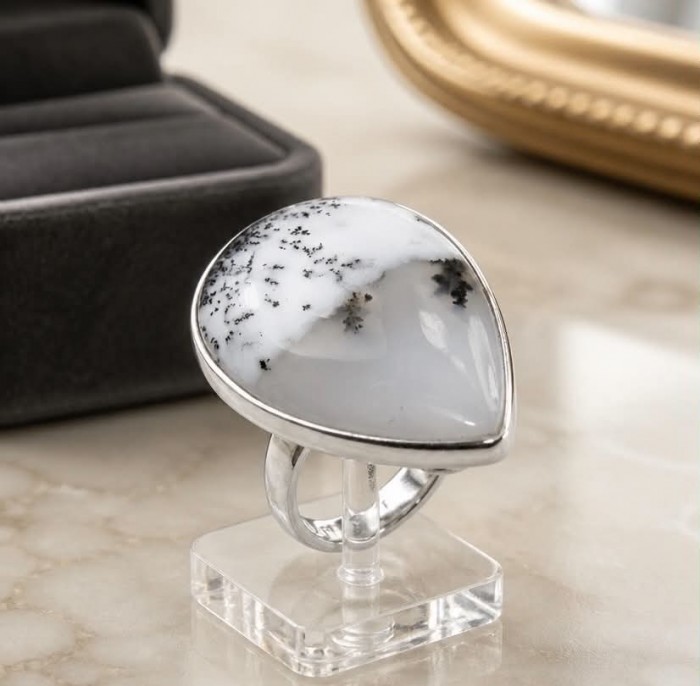 Top Quality Dendritic Agate .925 Sterling Silver handcrafted Large Ring s. 7 adjustable - Top Quality Dendritic Agate ring close-up on stand