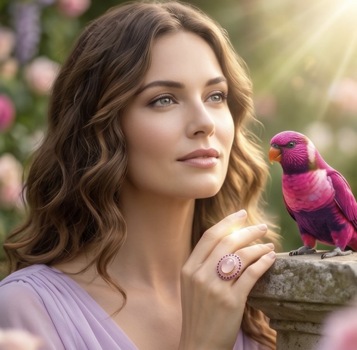 Vivien - Natural 25.8 carat pear cut BRAZILIAN Rose Quartz .925 Sterling Silver dipped in 22K Rose Gold handmade Statement Ring size 6 - Rose Quartz ring worn on hand beside a colorful bird in garden setting
