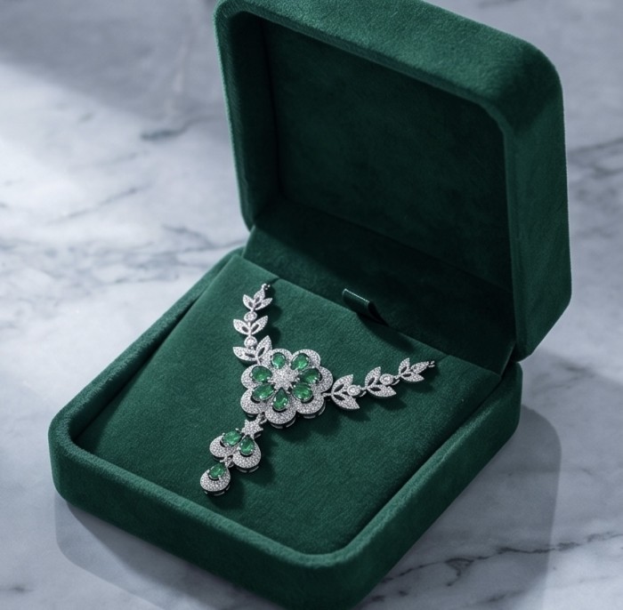 Giovanna - Authentic 10.9 carat Colombian Emerlad .925 Sterling Silver handcrafted Statement necklace - Emerald necklace in green velvet box, top-down view