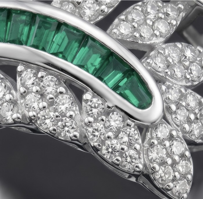 Art Deco 3.2 carat Colombian Emerald .925 Sterling Silver dipped in Rhodium handcrafted Ring size 7 1/2 - Close-up of Art Deco emerald and diamond pattern in sterling silver.