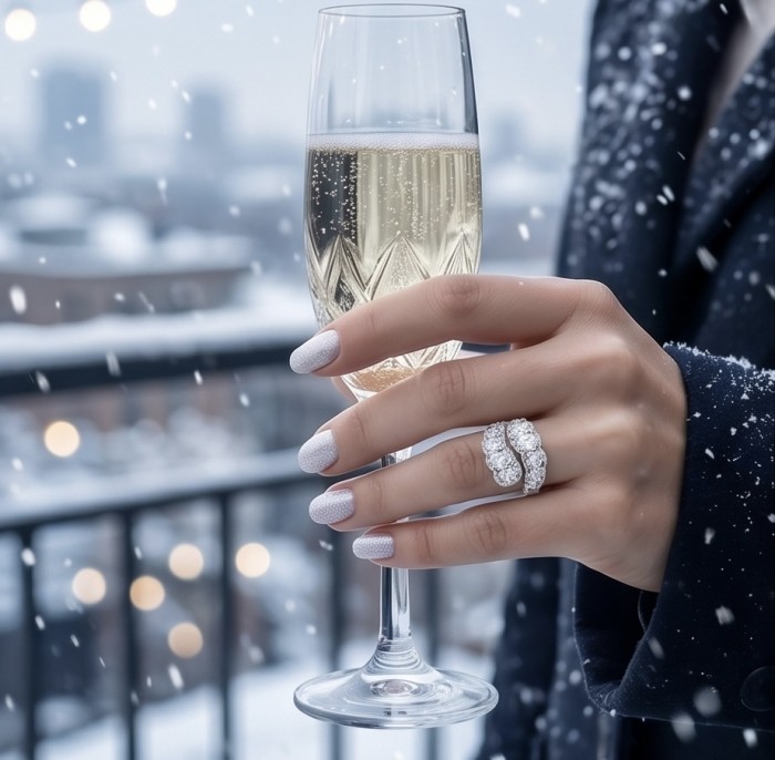 Precious 8.5 carta White Topaz rhodium over .925 Sterling Silver Statement ring size 8 1/2 - Ring worn on hand holding champagne glass in snowy setting.