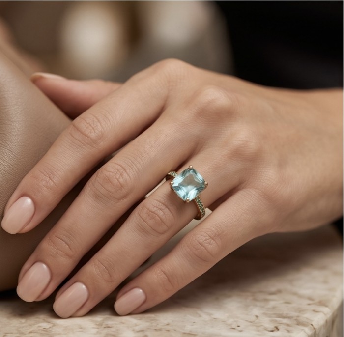 Ginevra Authentic 7.6 carat AQUAMARINE .925 Sterling Silver dipped in 18K Gold handcrafted Ring size 8 1/4 - Aquamarine ring worn on hand, close-up view