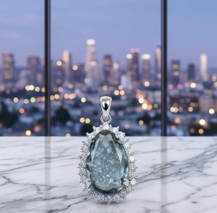 Stella 14.9 carat authentic London Blue Topaz .925 Sterling Silver Handcrafted Pendant - Close-up of Stella 14.9 carat London Blue Topaz pendant on marble surface.