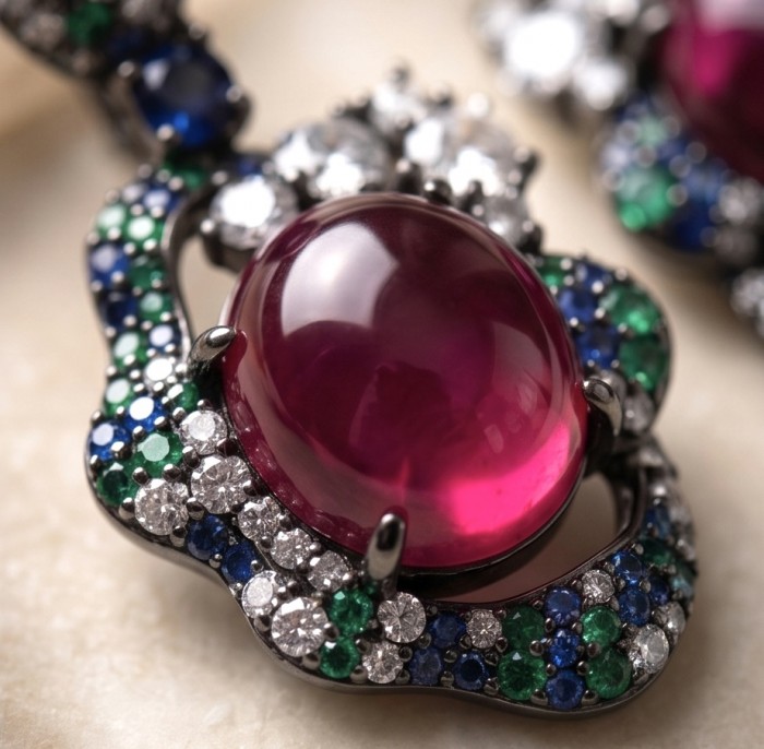 Exquisite 10.4 ctw Ruby 1.2 carat pave Emerald .925 Sterling Silver dipped in black rhodium handcrafted Statement earrings - Close-up of ruby and pave emerald sterling silver jewelry detail.