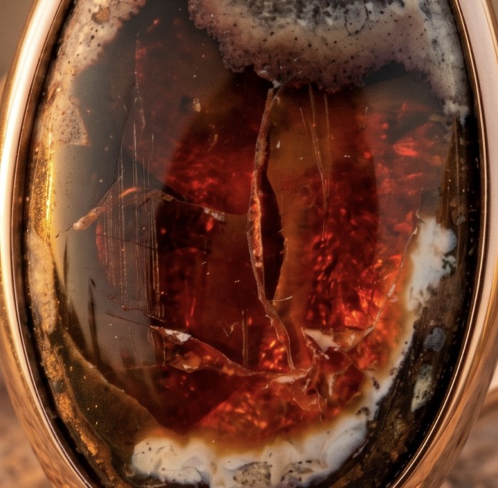 Bonfire Night best quality 27.4 carat Mexican Opal 18K Gold over .925 Sterling Silver handmade ring 7 1/4 - Stone close-up of Bonfire Night 27.4 carat Mexican Opal in 18K Gold